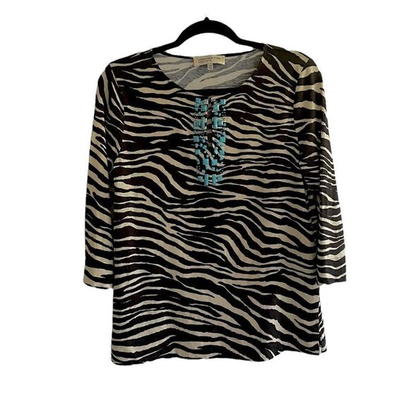 JONES NEW YORK Zebra Print Blouse Top Embellished Turquoise Stones Black Tan MP - Picture 2 of 7